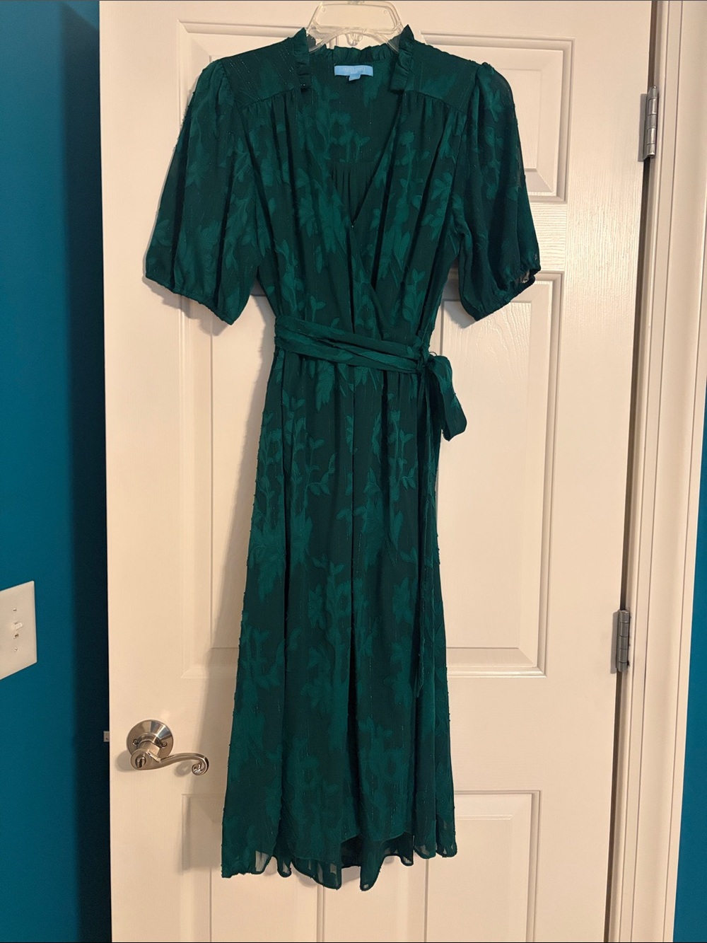 Draper James Teal Green Floral Jacquard wrap Dress in size medium.